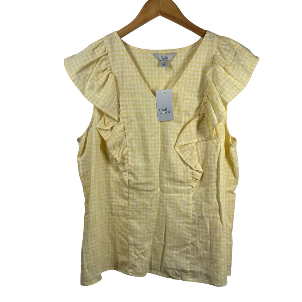 Croft & Barrow Top Women L NWT Yellow Plaid Sleeveless Ruffle Spring Top Cottage